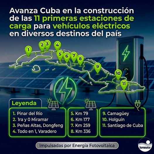 Cuba avanza en la construcción de 11 estaciones de carga para vehículos eléctricos